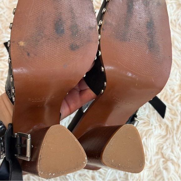 Zara Basic Collection Black Leather Studded Block Heel wood Sandals Size 38/7.5 - Picture 6 of 9